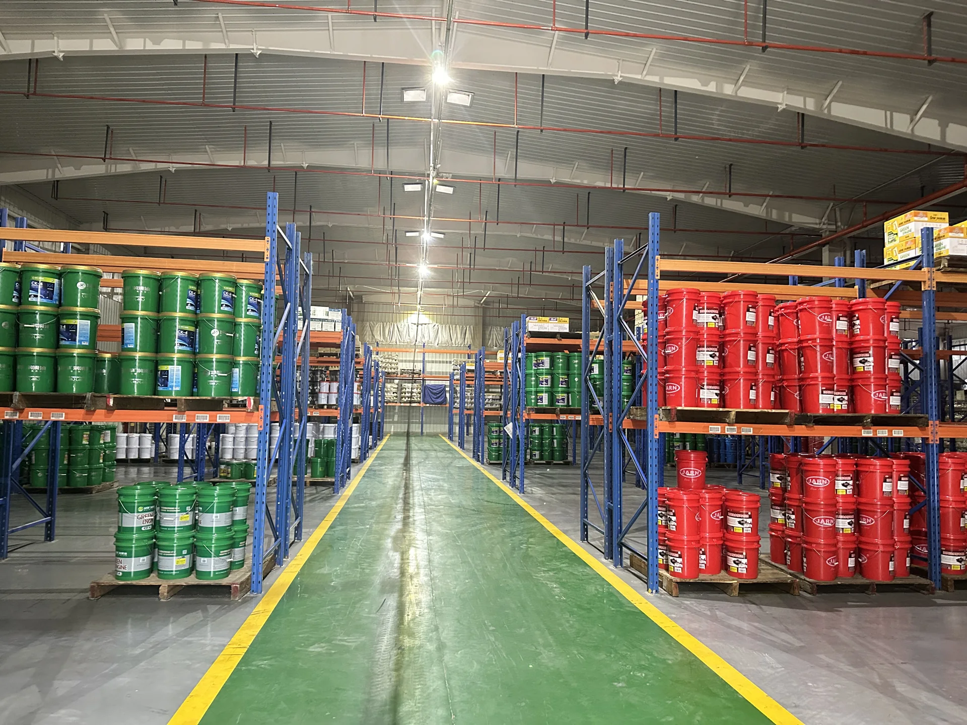 Packaged lubricants on warehouse racks