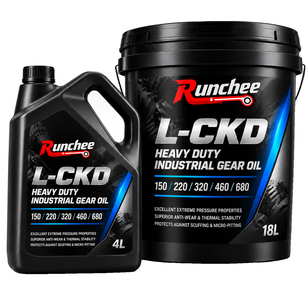 RunChee · L-CKD Heavy-Duty Industrial Gear Oil · 4 L and 18 L packaging reference