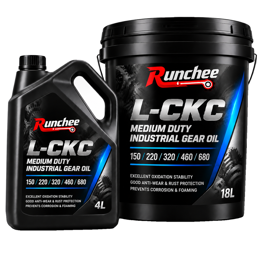 RunChee · L-CKC Medium-Duty Industrial Gear Oil · 4 L and 18 L packaging reference