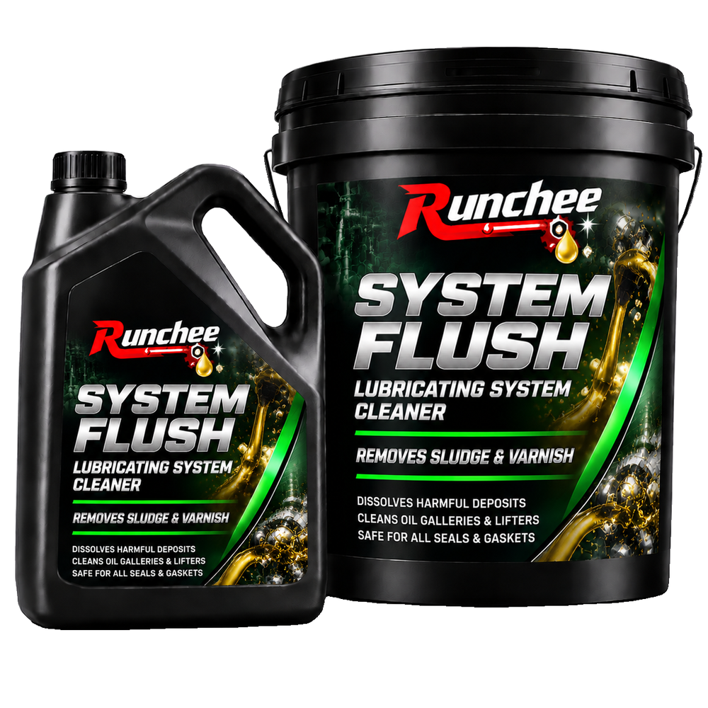 RunChee · Lubrication System Cleaner · Product range packaging reference